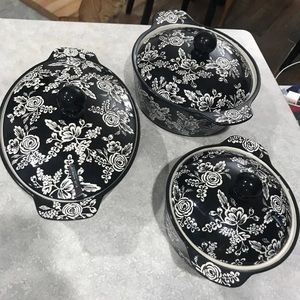 3 piece blue Harbor black rose casserole set